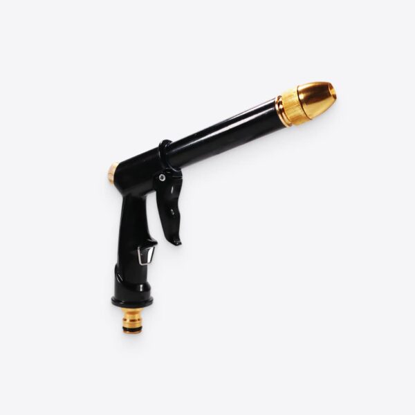 High-pressure aluminum-alloy hose gun spraying water outdoors