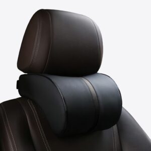 Luxe memory foam neck pillow displayed in a car seat