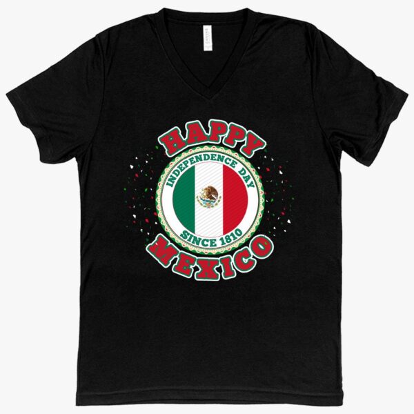 V-Neck 'Happy Independence Day Mexico' T-Shirt – Festive and Stylish Apparel for Celebrating Mexican Independence.