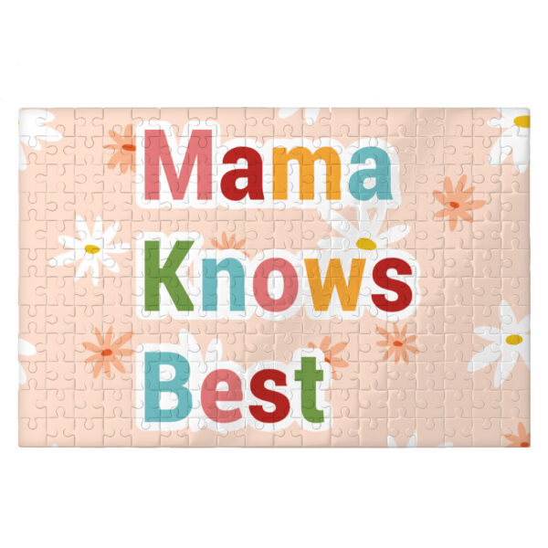 Colorful jigsaw puzzle with 'Mama Knows Best' design.