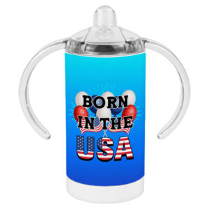 Patriotic sippy cup with American flag design for babies.