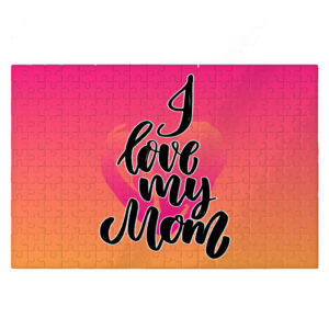 Heart design jigsaw puzzle with 'I Love My Mom' text.