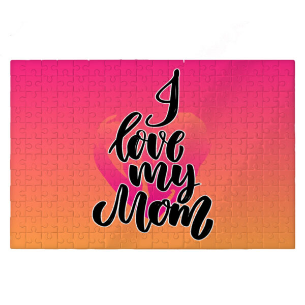 Heart design jigsaw puzzle with 'I Love My Mom' text.