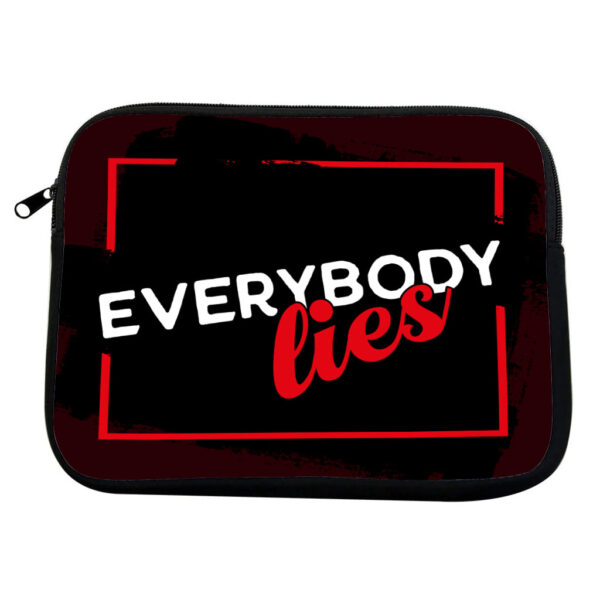 Humorous MacBook Pro 14" two-sided sleeve with "Everybody Lies" design.