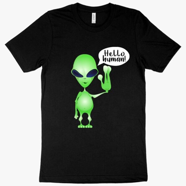 "Cosmic Encounter" Hello Human vs. Alien T-Shirt, perfect for sci-fi fans.