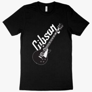 Vintage Gibson Les Paul guitar t-shirt on white background.