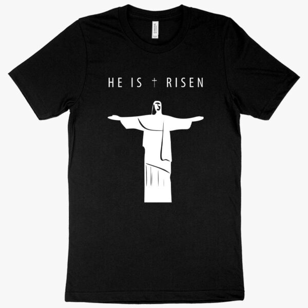 "He Is Risen" Christian T-Shirt with cross symbol.