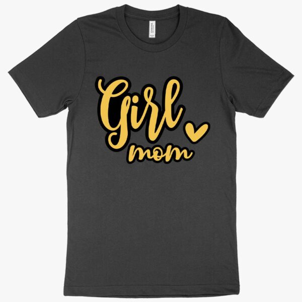 Graphic tee featuring "Girl Mom" slogan in elegant typography.