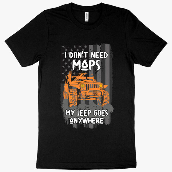 Playful tee featuring "I Don’t Need Maps" slogan for Jeep enthusiasts.