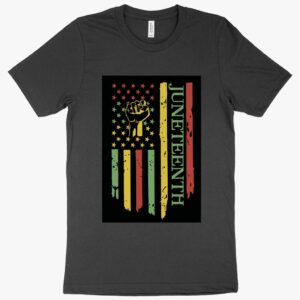 Patriotic tee featuring Juneteenth Flag and USA Flag design.