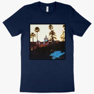 Vintage tee featuring Eagles Hotel California album artwork.