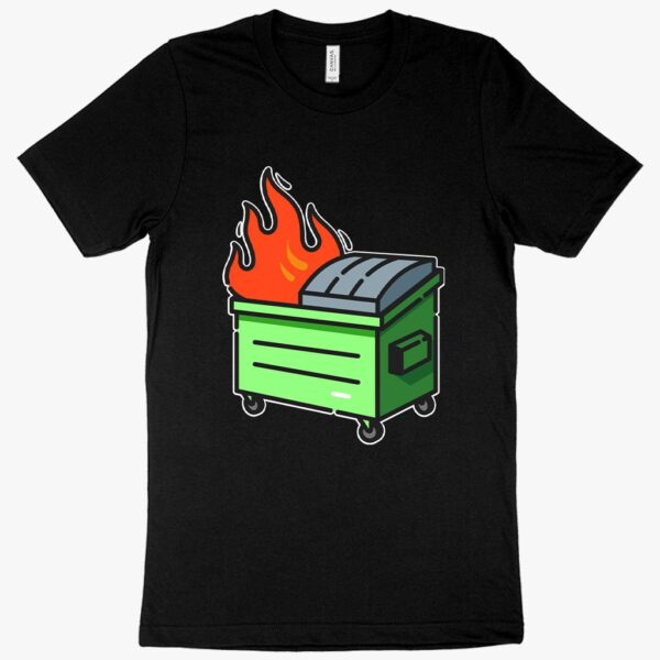 Graphic T-shirt featuring a dumpster engulfed in flames with "Dumpster Fire" text.