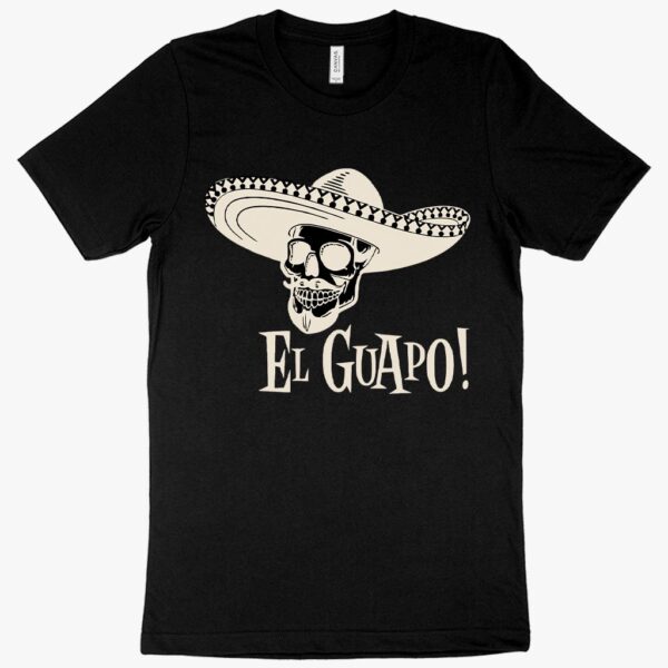 Retro-style T-shirt featuring "El Guapo" design against a colorful background.