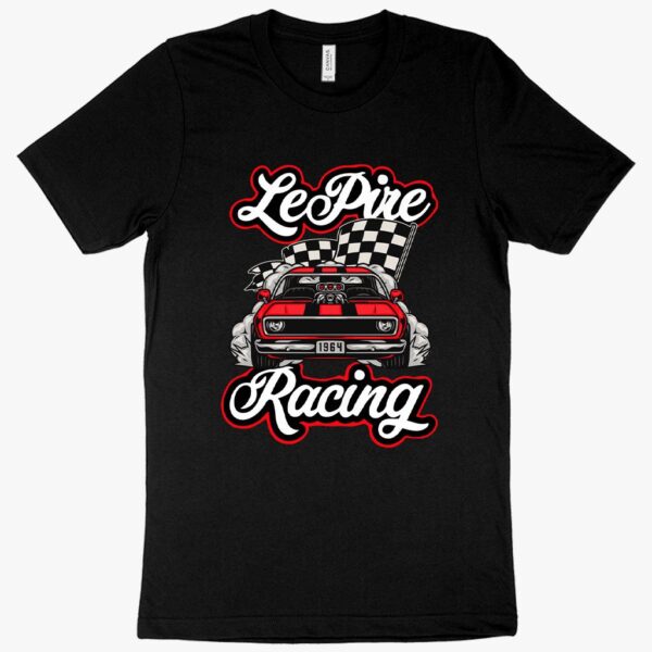 T-shirt featuring a sleek drag racing car design on a track.