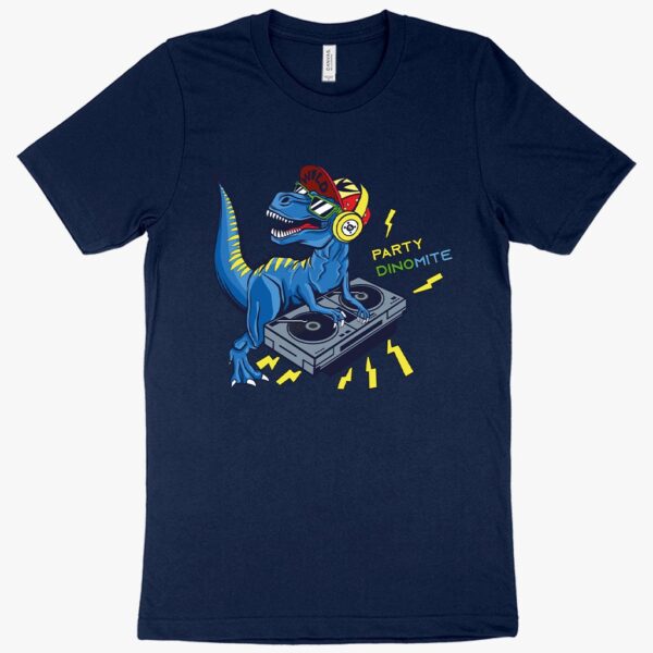 Playful tee featuring Party DinoMite Dinosaur design for dinosaur lovers.