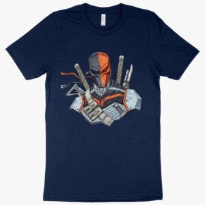 T-shirt featuring Deathstroke comic book artwork.