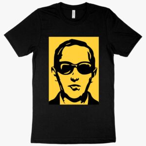 Vintage-style T-shirt featuring DB Cooper's iconic silhouette against a retro backdrop.