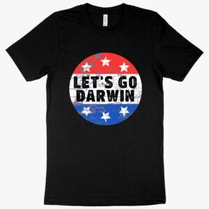 T-shirt featuring a caricature of Charles Darwin with the text "Let's Go Darwin".