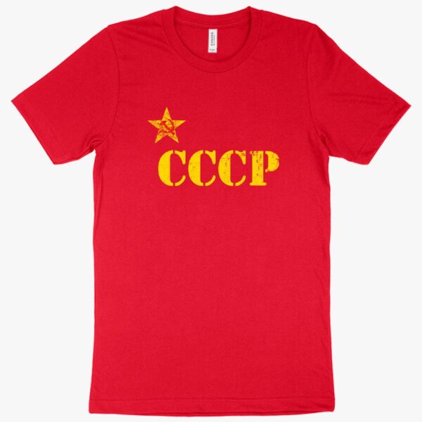 Vintage-style T-shirt featuring "CCCP USSR" emblem and Soviet imagery.