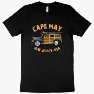 T-shirt featuring "Cape NJ" text with New Jersey state outline.