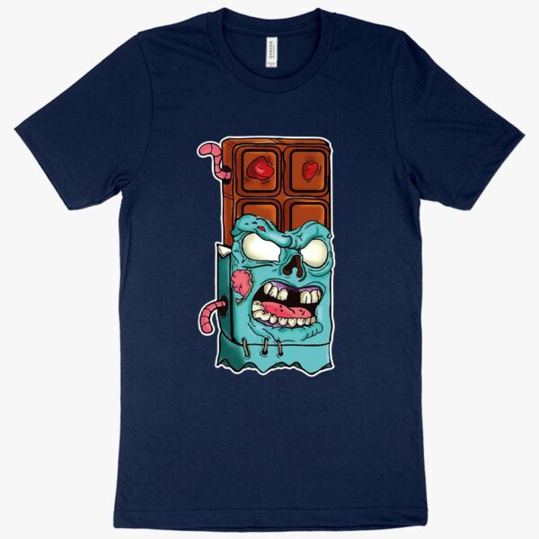 T-shirt featuring a zombie with chocolate candy and spooky elements.