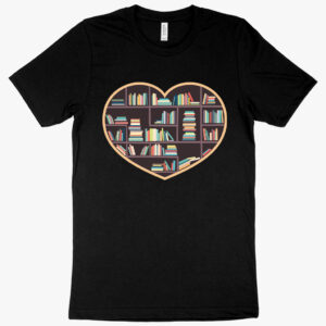 T-shirt featuring "I Heart Books The Heartish" text with heart and book motifs.