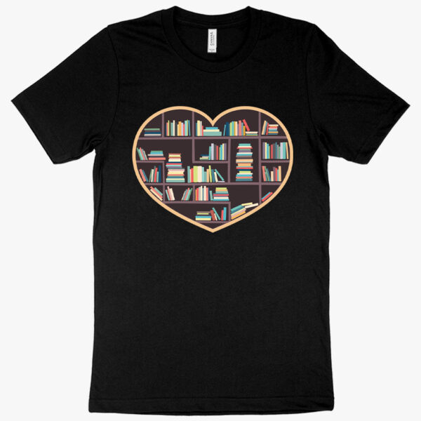 T-shirt featuring "I Heart Books The Heartish" text with heart and book motifs.