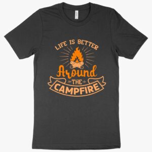 T-shirt featuring "Life Camp Fire Better" text with campfire illustration.