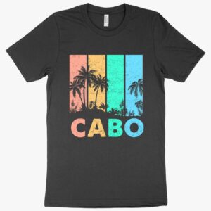 T-shirt featuring "Cabo San Lucas Retro" text with vintage design elements.