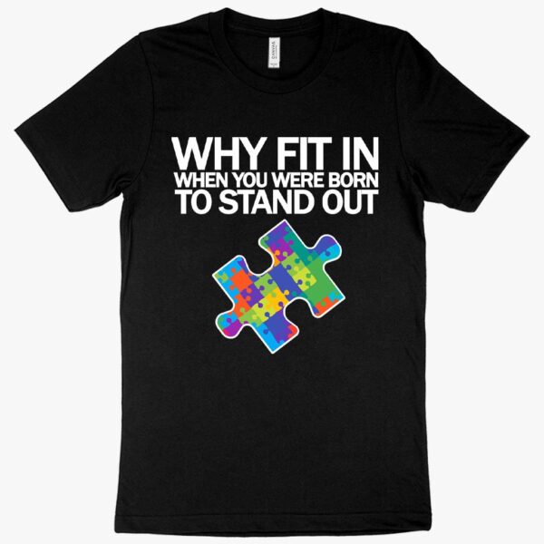 T-shirt featuring puzzle piece design with "Autism Awareness" text.