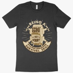 T-shirt featuring "Being a Scout Is Not A Hobby" text with scouting motifs.