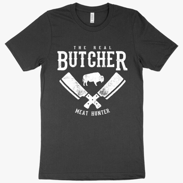 T-shirt featuring "Meat Hunter The Butcher" text with meat graphics.