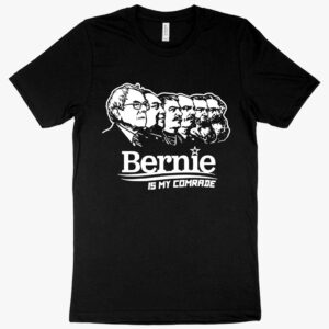 T-shirt featuring "Sanders Communist Comrade" text with political motifs.