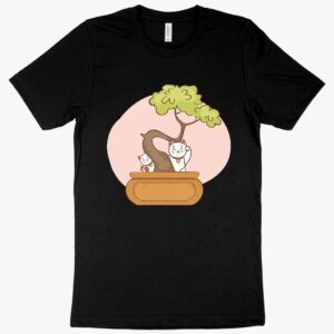 T-shirt featuring a kitten resting on a bonsai tree.