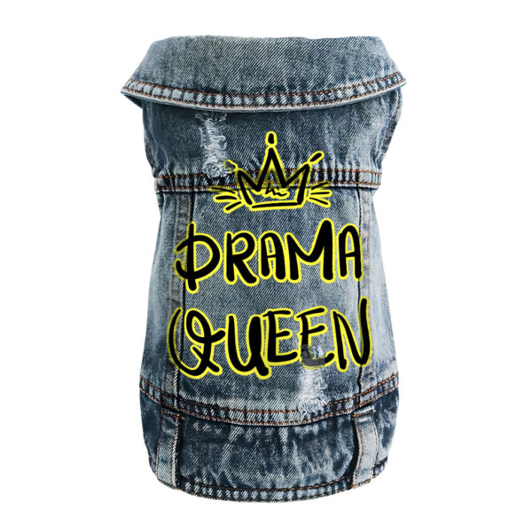 Fashionable denim dog vest featuring Drama Queen Dog Denim Vest design.