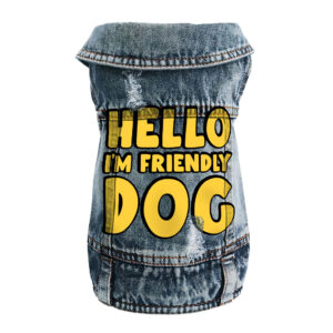 "I'm Friendly Dog" Denim Vest on stylish pet.