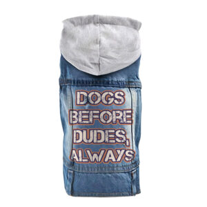 Stylish dog denim jacket featuring Dogs Before Dudes design.
