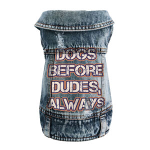 Stylish dog denim vest featuring Dogs Before Dudes design.