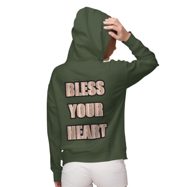 Women's zip hoodie with "Bless Your Heart" slogan.