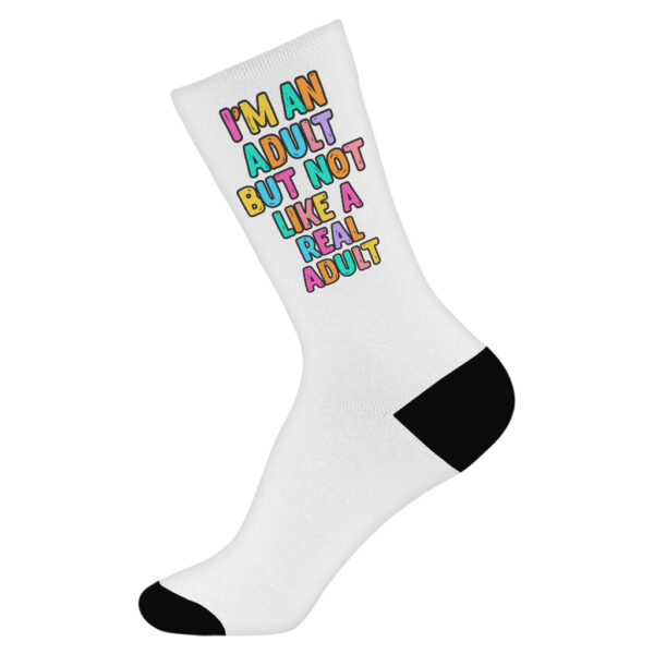 Colorful novelty socks with "I'm an Adult" playful design.