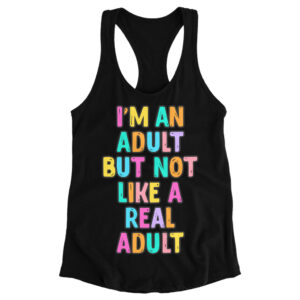 Colorful printed workout tank with "I'm an Adult" design.