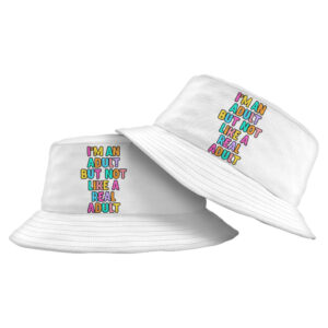 Colorful bucket hat with "I'm an Adult" playful design.