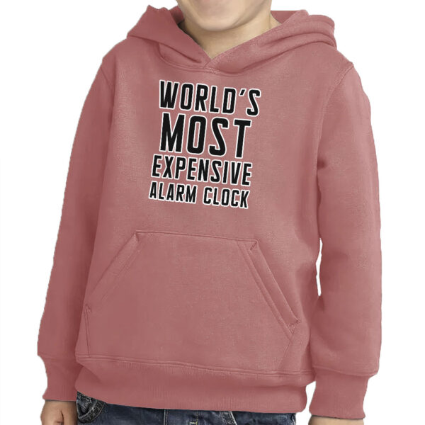 Toddler pullover hoodie featuring "Expensive Alarm Clock" design.