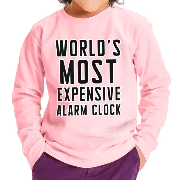 Toddler long sleeve tee featuring "Expensive Alarm Clock" design.