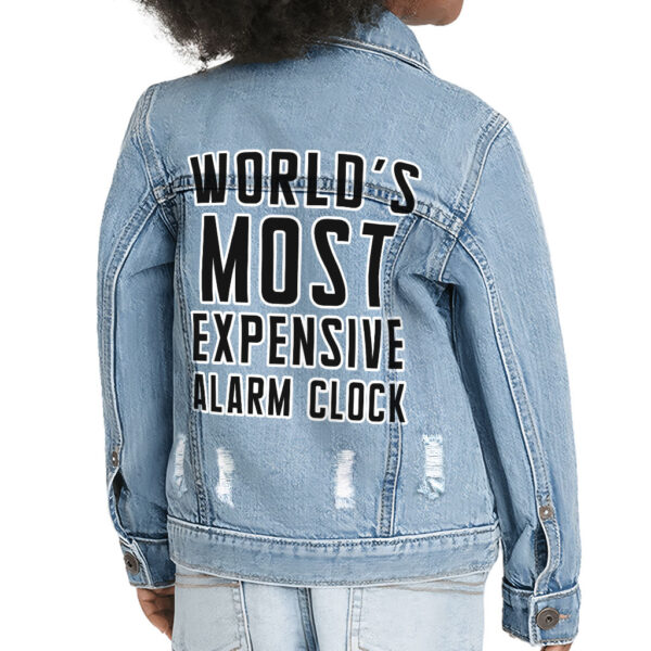 Trendy denim jacket featuring playful alarm clock design for toddlers.