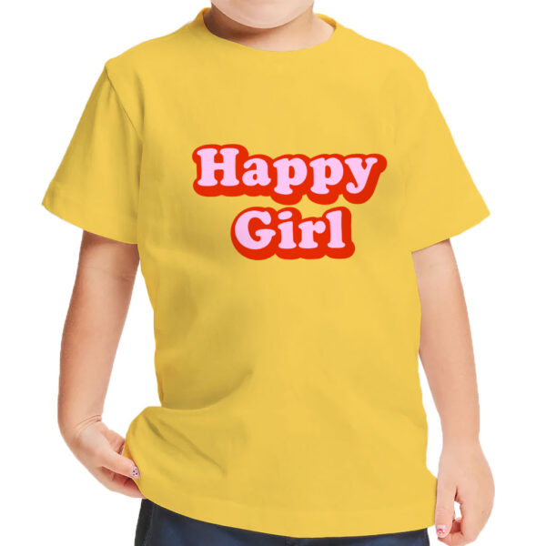 Happy girl wearing a vibrant graphic kids' t-shirt, spreading joy.