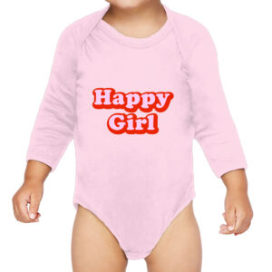 Happy baby wearing a cozy long sleeve onesie, smiling joyfully.