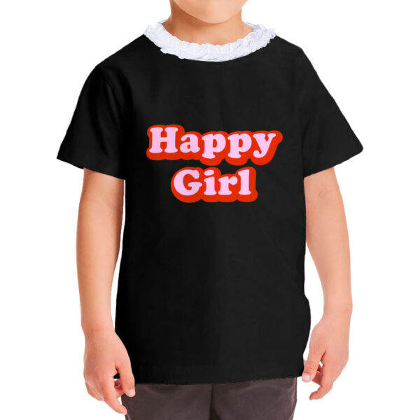 Happy girl wearing a cute ruffle neck t-shirt, radiating joy.