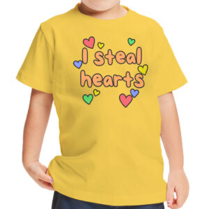 Toddler wearing a cute "I Steal Hearts" graphic t-shirt.