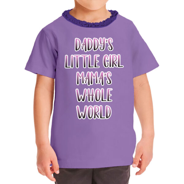 Young girl wearing a ruffle neck t-shirt with "Daddy's Little Girl" print.